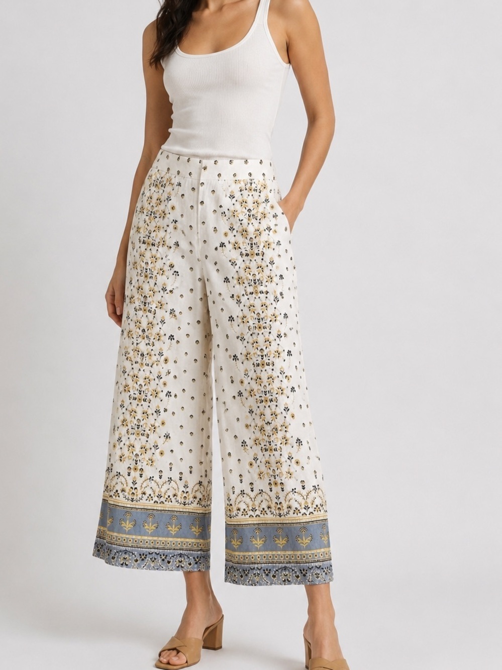 Joie 100% Linen Wide Leg Pants Sz S Boho Floral Print Pull-On Crop Trousers - Picture 1 of 8